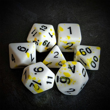 Yellow Blood Splatter on White Acrylic - 7pcs RPG Full Dice Set Top